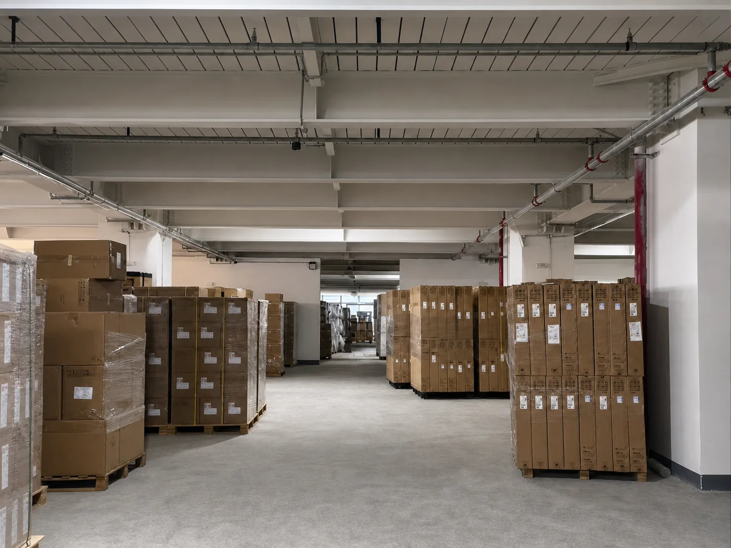 Bright consolidation warehouse with palletized cartons