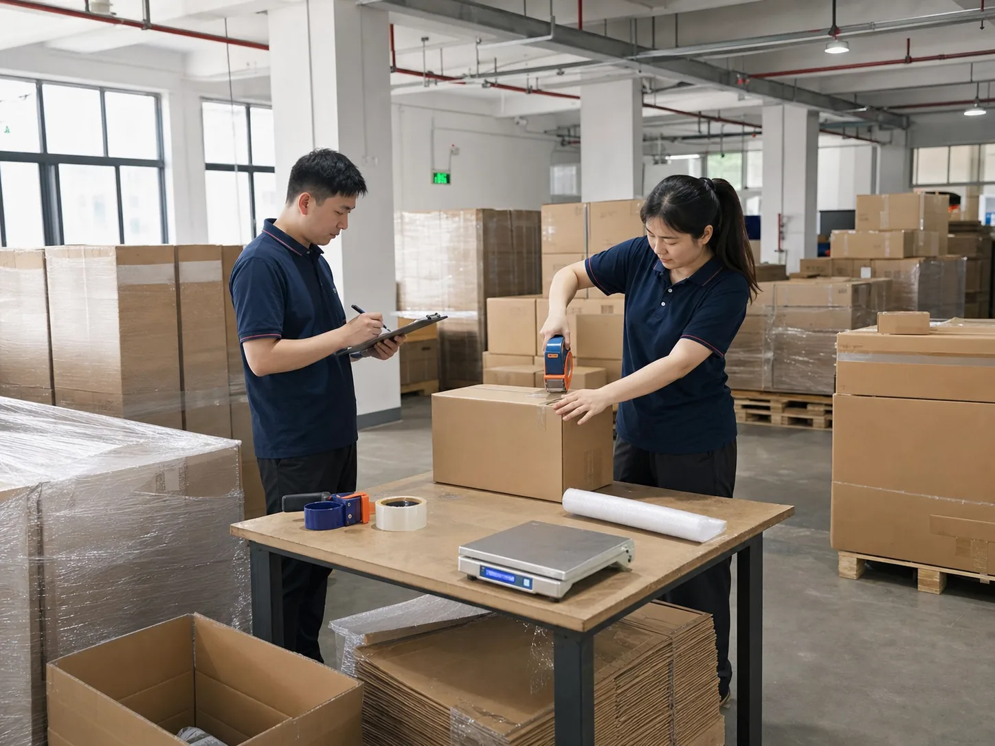 Warehouse staff packing and checking consolidated orders